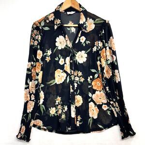 Ember Floral Ruffle Top Long Sleeve Buttoned Women's Medium V-Neck Sheer‎ Summer